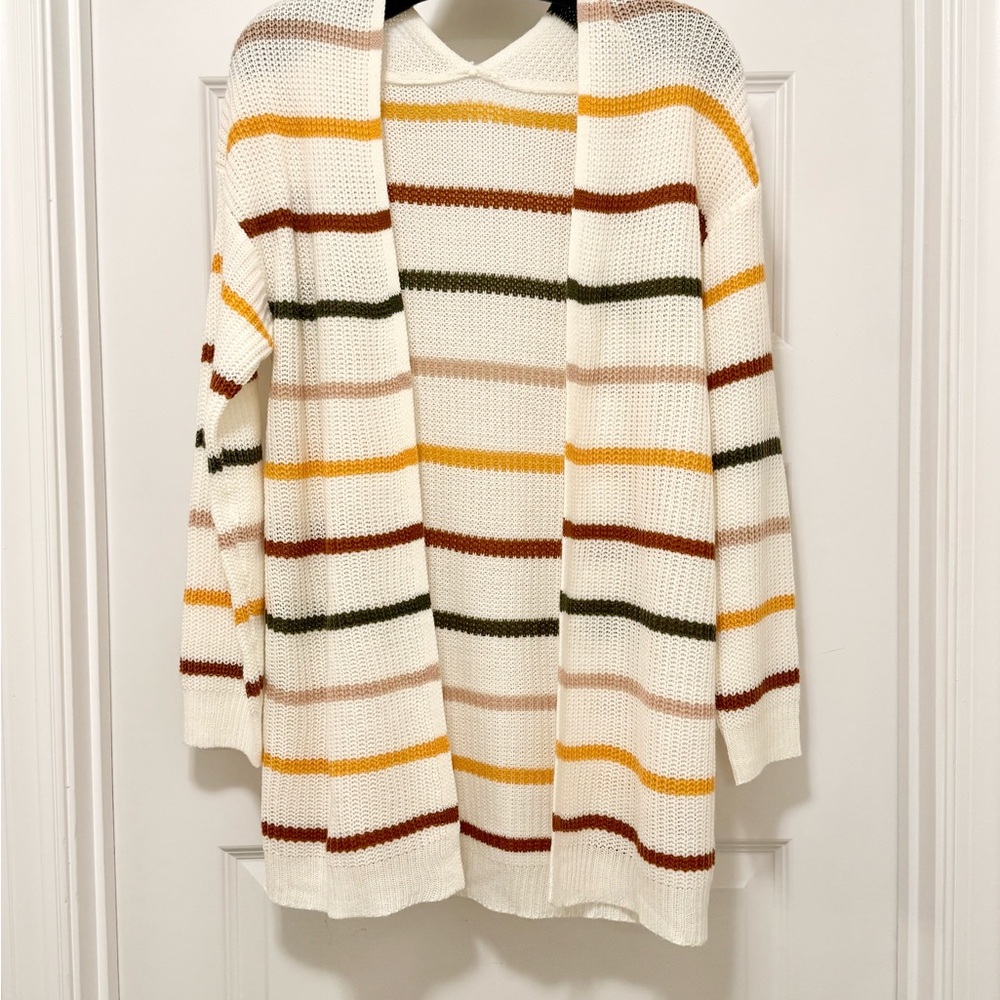 Cream Striped Open Long Sleeve Cardigan Sweater Size L